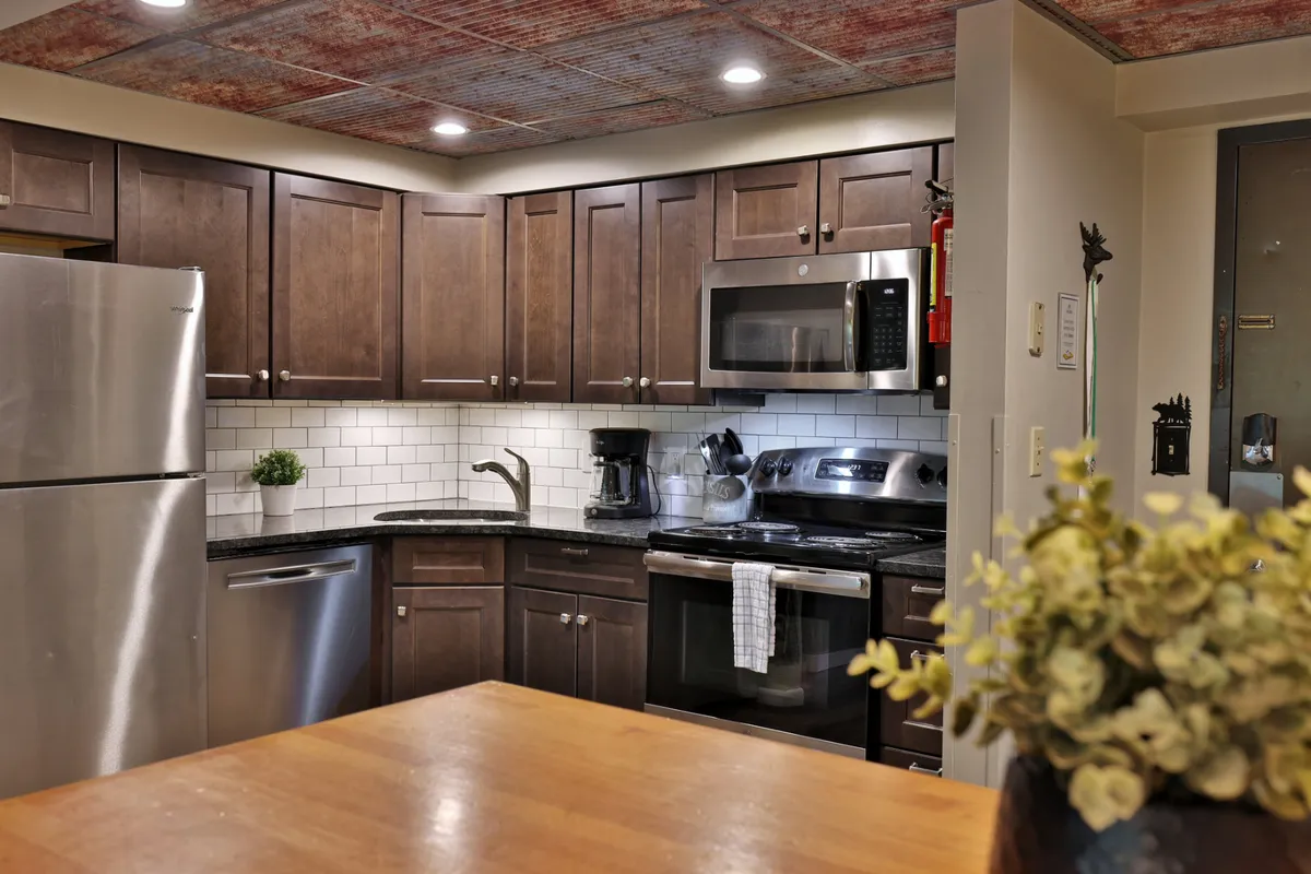A cozy kitchen scene featuring stainless steel appliances, a granite countertop, a wooden dining table adorned with a potted plant, and ample space for preparing and sharing meals. The atmosphere is both modern and welcoming, ideal for family gatherings or quick bites.